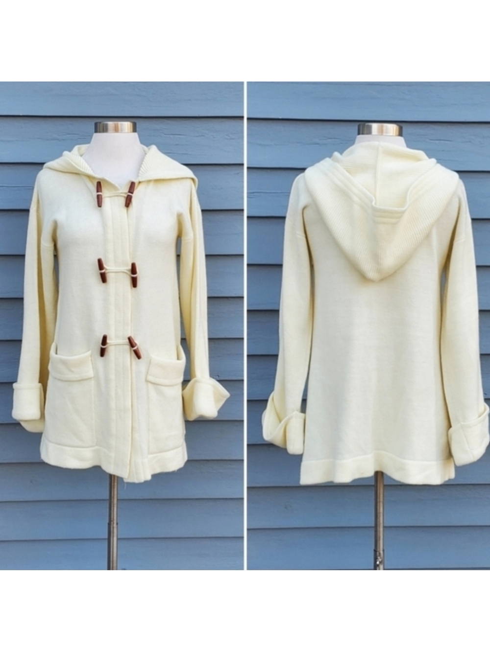 Vintage 70s Boho Hippie Cream Acrylic Knit Toggle Longline Lagenlook Cardigan Md